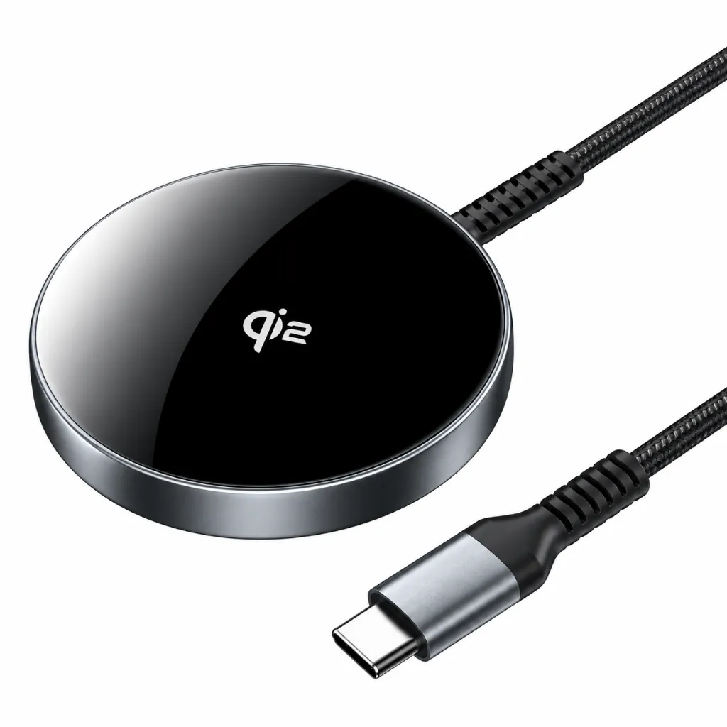 Cargador Qi2 negro con cable trenzado.webp