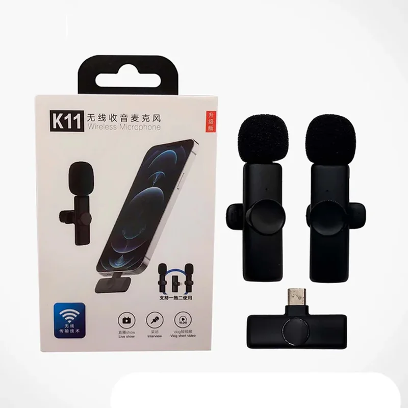 MICRÓFONO CORBATERO INALÁMBRICO CON ADAPTADOR TYPE C K11 (2 MICRÓFONO)