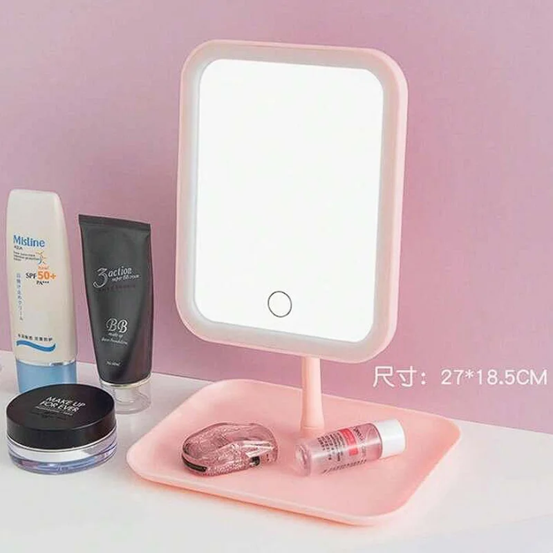 ESPEJO LUZ LED PARA MAQUILLAJE CON BASE PORTA COSMÉTICOS RECARGABLE LUZ FRÍA LUZ CÁLIDA LUZ NATURAL LS-01
