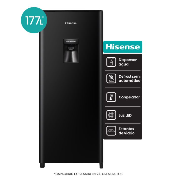 HELADERA SINGLE DOOR HISENSE NEGRA CON DISPENSER 177 LITROS