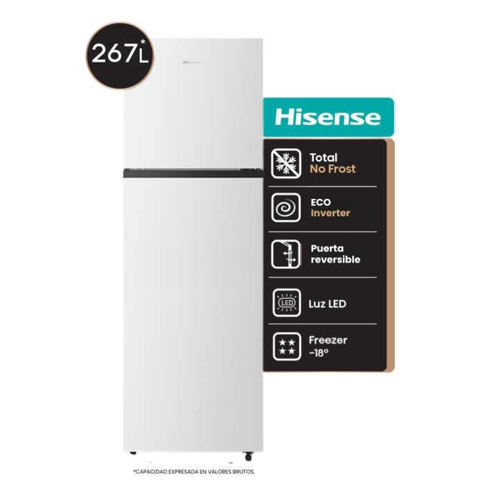HELADERA HISENSE BLANCA TOP MOUNT INVERTER 250 LITROS