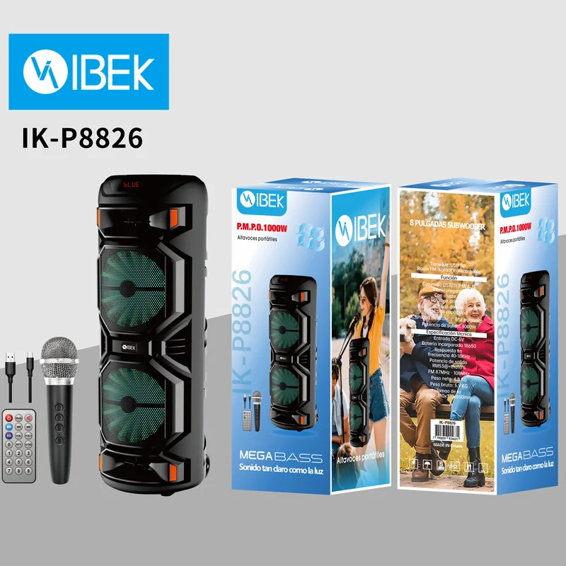 [T-IK-P8826] PARLANTE CON MICRÓFONO IBEK 8 PULGADAS CON LUZ RGB