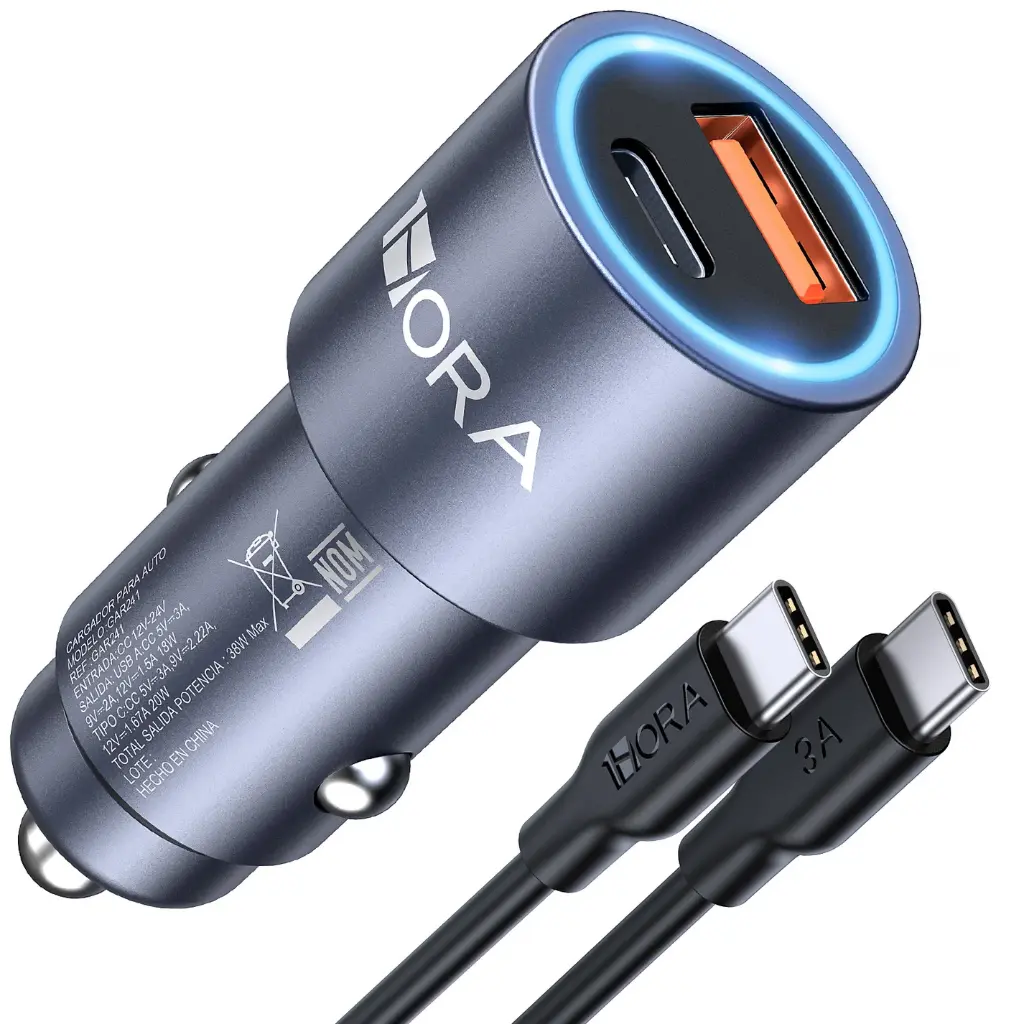 Cargador Turbo 38W para Auto PD20W + Con Cable USB-C  1HORA
