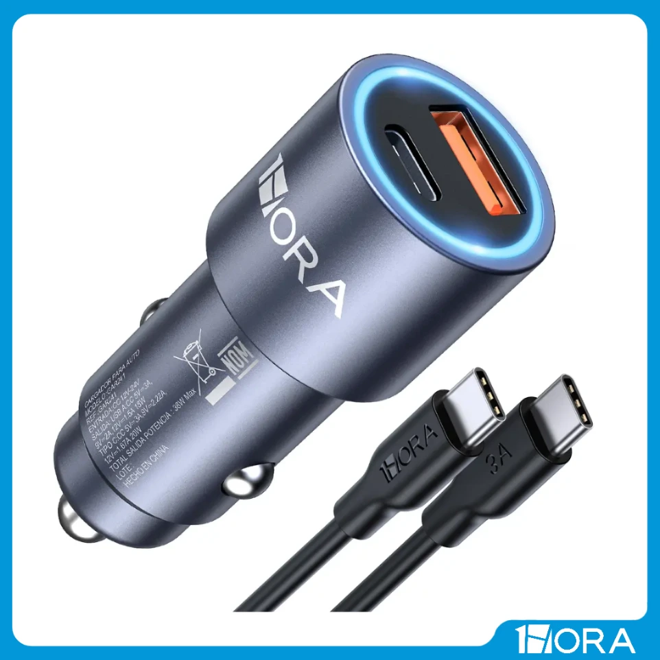Cargador Turbo 38W para Auto PD20W + Con Cable USB-C  1HORA