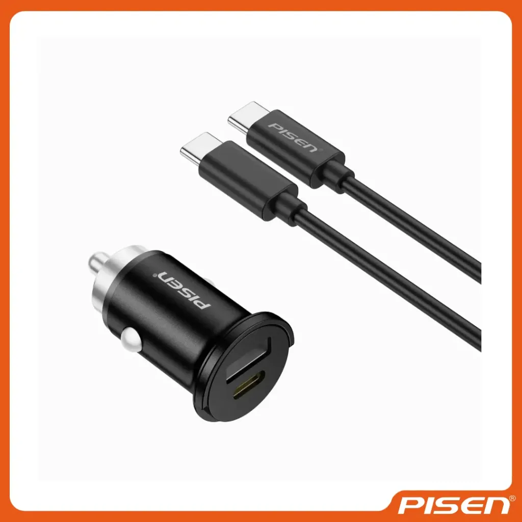 Kit cargador de coche mini de doble puerto 30W A+C (con cable C to C) (TP-C73/Negro Mágico) - • PISEN