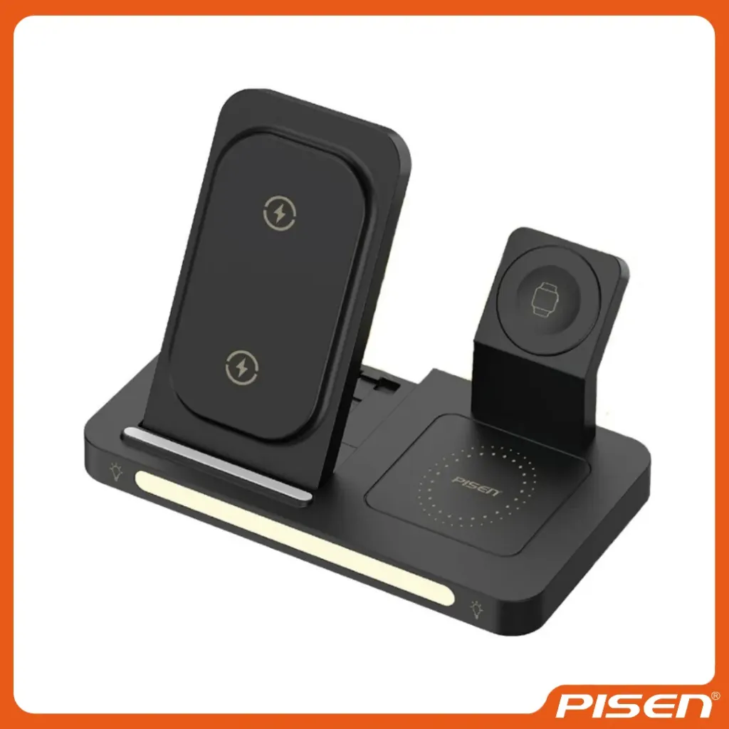 [F-PS-XYC56N] Cargador inalámbrico plegable multifunción 3 en 1 versión con luz nocturna • PISEN (Black)