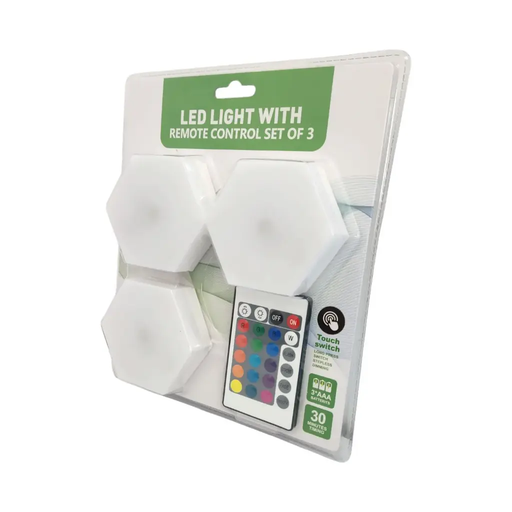 [IKA1002X10] Set 3 Luces led Rgb Hexagonal para pared + control remoto •PACK X10