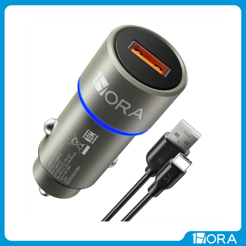 CARGADOR VEHICULAR COMPACTO 18W USB-C CON PROTECCIÓN IC INTELIGENTE - 1HORA - PACK X 20