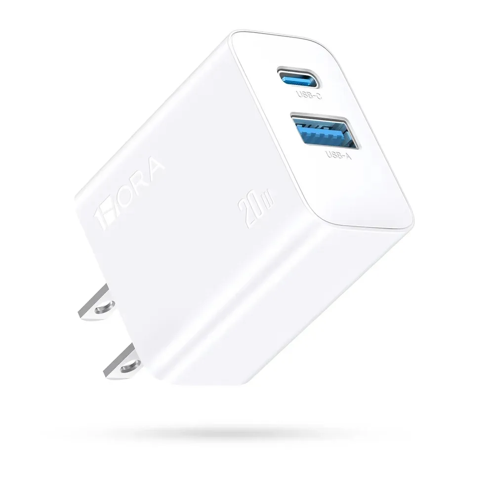 CABEZAL DE CARGA RÁPIDA CON PATAS OBLICUAS, PUERTOS USB-A + TIPO C, PD20W (BLANCO)-1HORA - PACK X 10