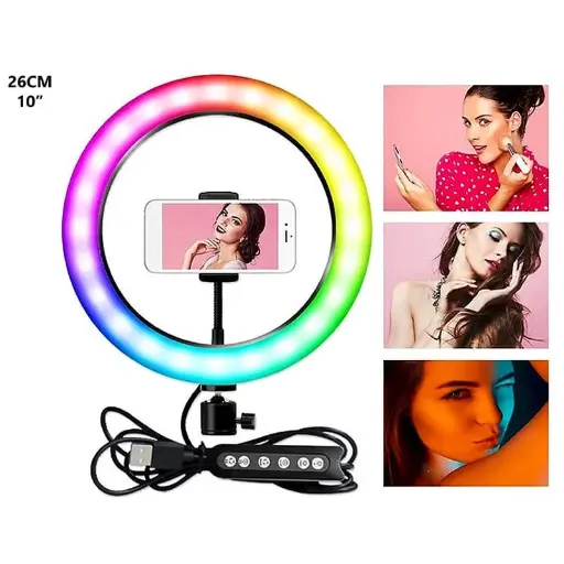 [T-IKMJ260] ARO DE LUZ 26CM RGB CON SOPORTE PARA EL CELULAR MJ-260